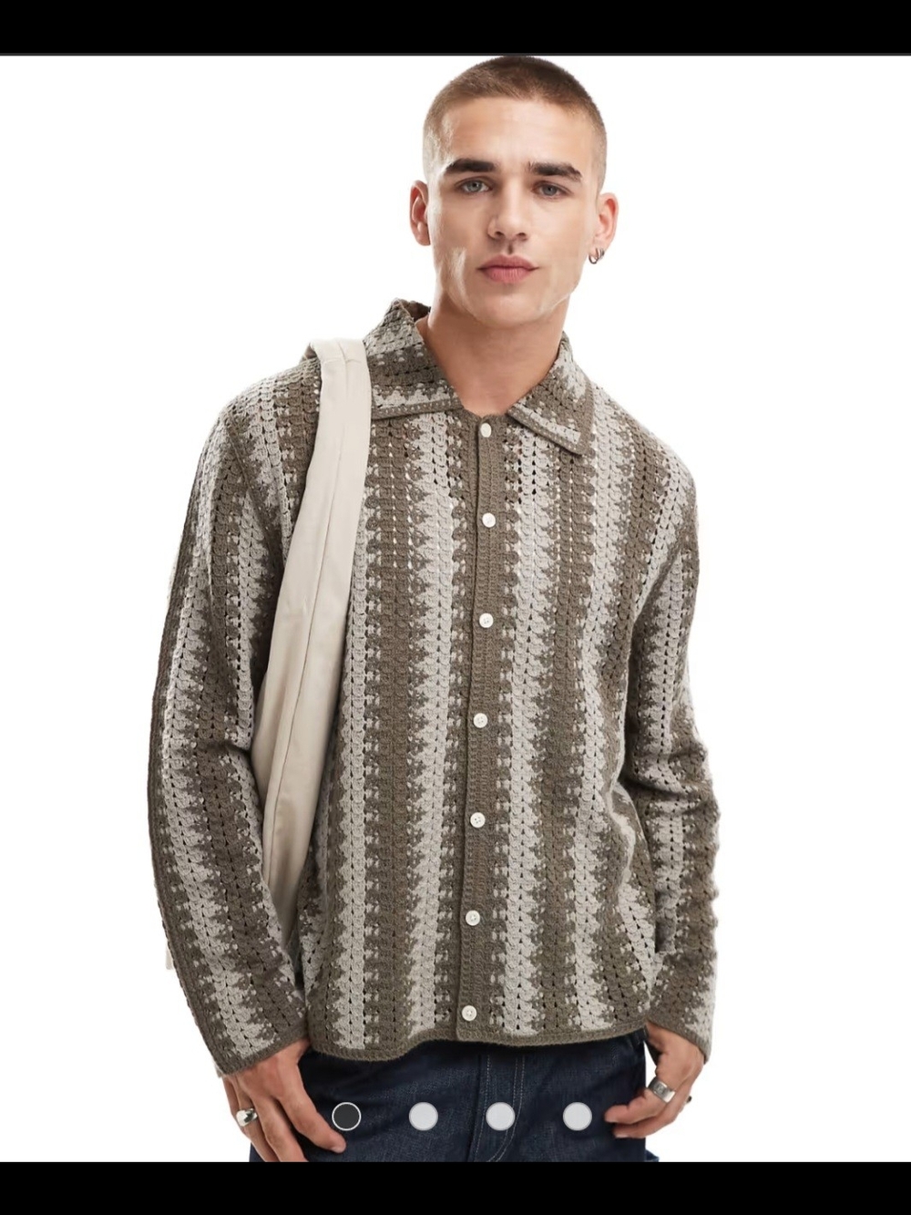 Abercrombie & Fitch Olive and Cream Open-Knit Button Shirt Jacket